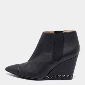 Chanel Black Leather Chain Detail Wedge Ankle Boots Size 39