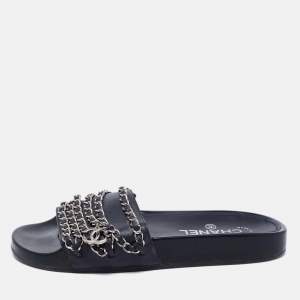 Chanel Navy Blue Leather Chain Embellished CC Flat Slides Size 37