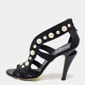 Chanel Black Satin Faux Pearl Embellished Open-Toe Sandals Size 39