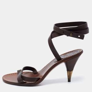 Chanel Dark Brown Leather Ankle-Wrap Sandals Size 38