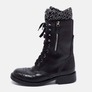 Chanel Black Leather and Knit Fabric CC Combat Boots Size 36.5
