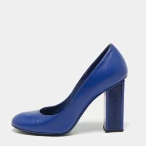 Chanel Blue Leather Round Toe Block Heel Pumps Size 38