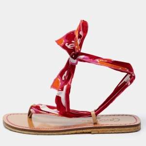Chanel Pink Printed Fabric Gladiator Ankle Tie Flats Size 37