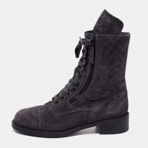 Chanel Dark Grey Suede Interlocking CC Logo Combat Boots Size 38
