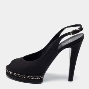 Chanel Black Fabric CC Chain Detail Peep Toe Platform Slingback Sandals Size 41