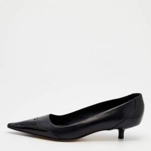 Pre Owned Chanel Black Leather And Patent Leather CC Cap Toe Kitten Heel Pumps Size 37.5