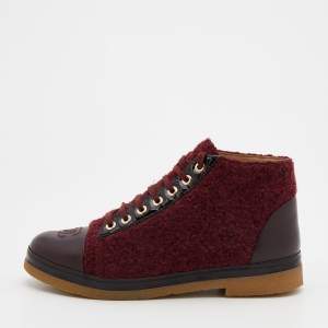 Chanel Burgundy Tweed And Leather CC Cap Toe Ankle Boots Size 37.5