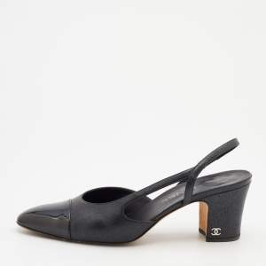 Chanel Metallic Black Leather Cap Toe Slingback Sandals Size 39