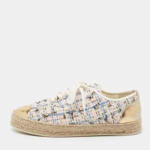 Pre Owned Chanel Multicolor Tweed And Leather CC Cap Toe Espadrille Low Top Sneakers Size 37