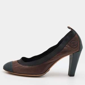 Pre Owned Chanel Metallic Brown/Black Suede CC Cap Toe Block Heel Pumps Size 40