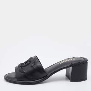 Pre Owned Chanel Black Leather Interlocking CC Slide Sandals Size 41.5