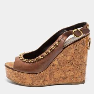 Chanel Brown Leather Chain Detail CC Cork Platform Wedge Slingback Sandals Size 38