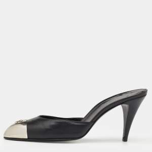 Chanel Black Leather CC Metal Cap Toe Mule Sandals Size 38.5