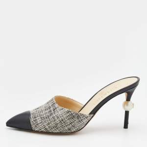 Chanel Black/White Tweed And Leather Pointed Cap Toe CC Pearl Heel Mules Size 37