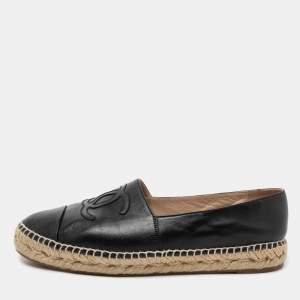 Pre Owned Chanel Black Leather CC Cap-Toe Flat Espadrilles Size 39