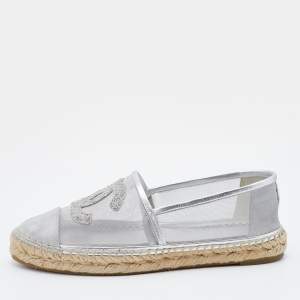 Pre Owned Chanel Metallic Silver Mesh And Fabric CC Cap Toe Espadrilles Flats Size 39