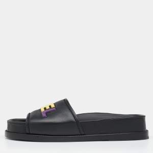 Pre Owned Chanel Black Leather CHA NEL Letter Logo Slide Sandals Size 40.5