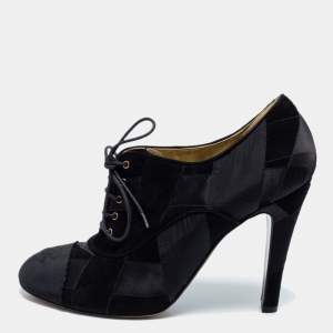 Chanel Black Suede and Satin Patchwork Lace-Up CC Cap Toe Ankle Booties Size 41