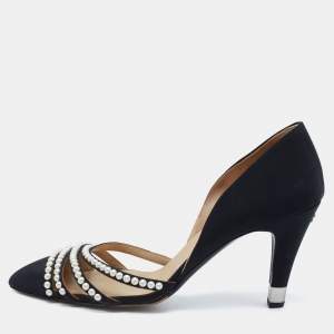 Pre Owned Chanel Black Fabric Faux Pearl D'Orsay Pumps Size 41