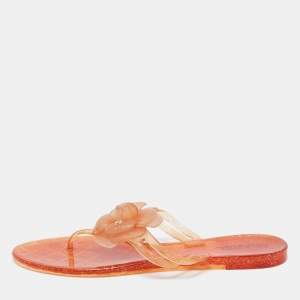 Pre Owned Chanel Orange Jelly Camellia Thong Flats Size 41