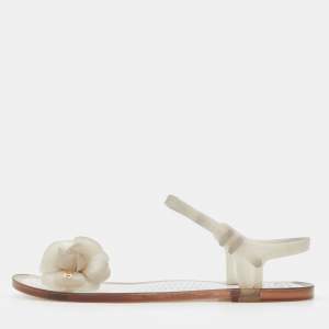 Pre Owned Chanel Grey Jelly Camellia Ankle Strap Thong Flat Sandals Size 36