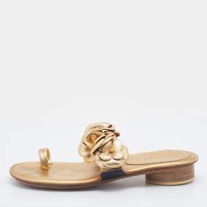Chanel Metallic Gold Leather CC Camellia Slide Flat Sandals Size 36