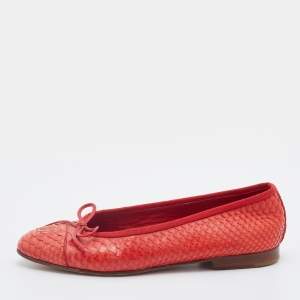 Pre Owned Chanel Orange Python Leather Bow CC Cap Toe Ballet Flats Size 36