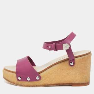 مملوكة مسبقًا Chanel Purple Leather Wedge Platform Ankle Strap Sandals Size 37.5