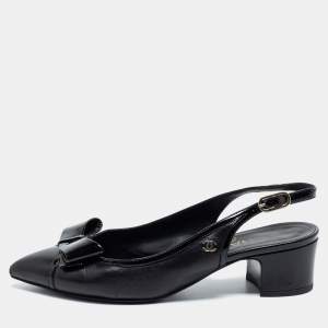Pre Owned Chanel Black Leather and Patent Bow Slingback Pumps Size 36