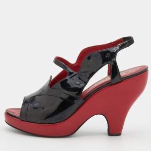 Chanel Black Patent Leather CC Slingback Sandals Size 39