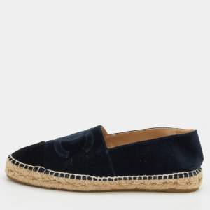 Pre Owned Chanel Navy Blue Velvet CC Cap Toe Espadrille Flats Size 40
