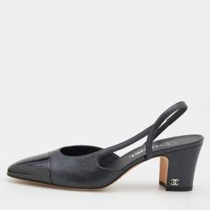 Pre Owned Chanel Metallic Black Leather Cap Toe Slingback Sandals Size 38.5 