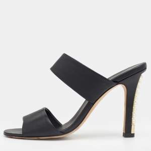 Chanel Black Leather Pearl Embellished Heel Slide Sandals Size 38.5