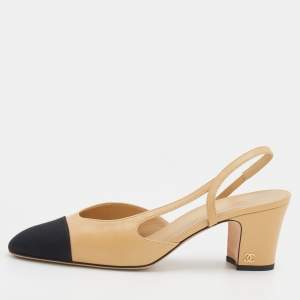 Pre Owned Chanel Beige/Black Leather And Fabric CC Slingback Sandals Size 38.5