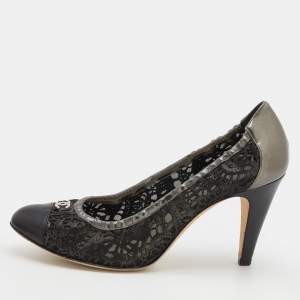 Chanel Metallic Grey/Black Leather And Laser Cut Suede Embellished Pumps Size 38.5