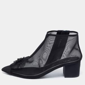 Chanel Black Mesh and Fabric Camellia Ankle Boots Size 38