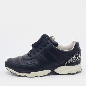 Chanel Black Leather And Twee Cc Low Top Sneakers Size 37.5