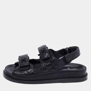 Chanel Black Leather Dad Slingback Sandals Size 37