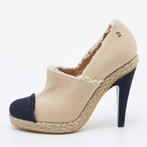 Chanel Beige/Black Canvas CC Cap Toe Espadrille Booties Size 38