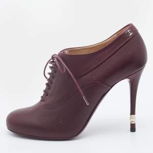 Chanel Burgundy Leather CC Lace Up Booties Size 38