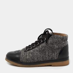 Pre Owned Chanel  Black/Grey Tweed And Leather CC Cap High Top Sneakers  Size 39