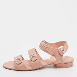 Chanel Beige Leather CC Velcro Ankle Strap Flat Sandals Size 38