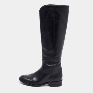 Chanel Black Leather Interlocking CC Logo Riding Midcalf Boots Size 36