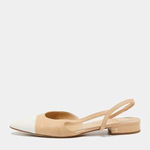 Pre Owned Chanel Beige/White Leather and Patent Slingback D'orsay Flats Size 39.5