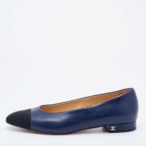 Chanel Blue/Black Leather and Fabric CC Cap Toe Ballet Flats Size 38
