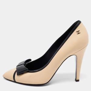 Pre Owned Chanel Beige Leather Bow Pumps Size 38
