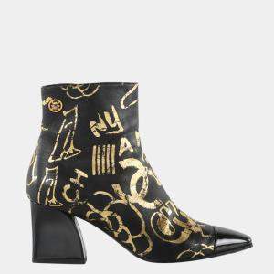 Chanel Black and Metallic Gold Leather Paris-New York Graffiti Boots Size EU 36
