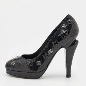 Pre Owned Chanel Black Glitter Star Embossed Patent Leather CC Embellished Pumps Size 36