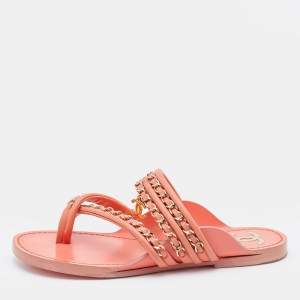 Pre Owned Chanel Coral Orange Leather Chain Link CC Thong Flats Size 36