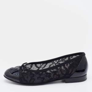 Chanel Black Lace and Patent Leather CC Bow Cap Toe Ballet Flats Size 35.5